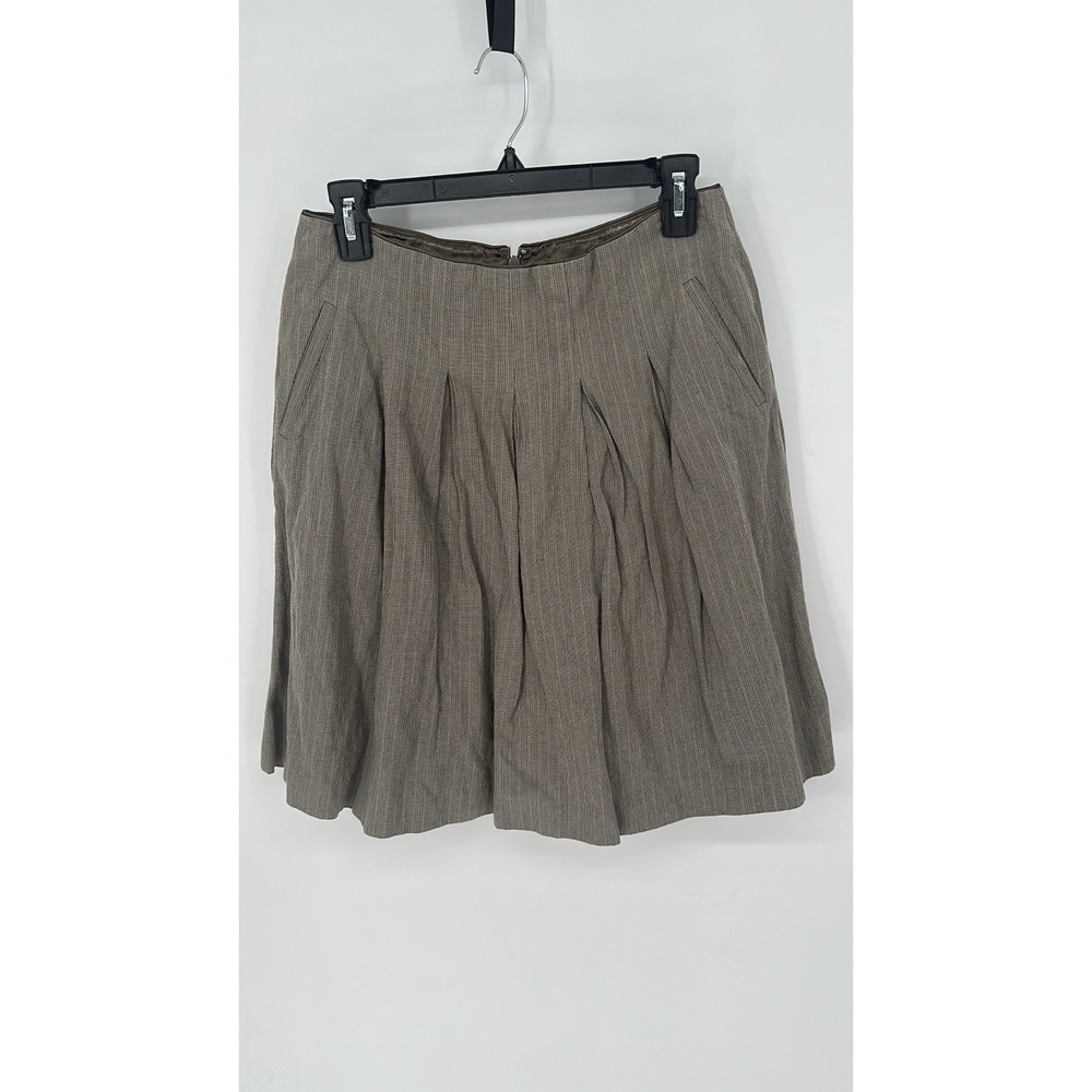 Cabi Liverpool Pleated A Line Riding Skirt‎ Womens 6 Brown Tan Micro Stripe